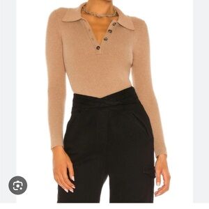 One Grey Day Tan Ribbed Knit Polo Sweater Size S Collared V-Neck Button Front